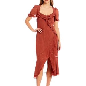 WAYF Metallic Square Neck Puff Sleeve Open Back Faux Wrap Midi Dress